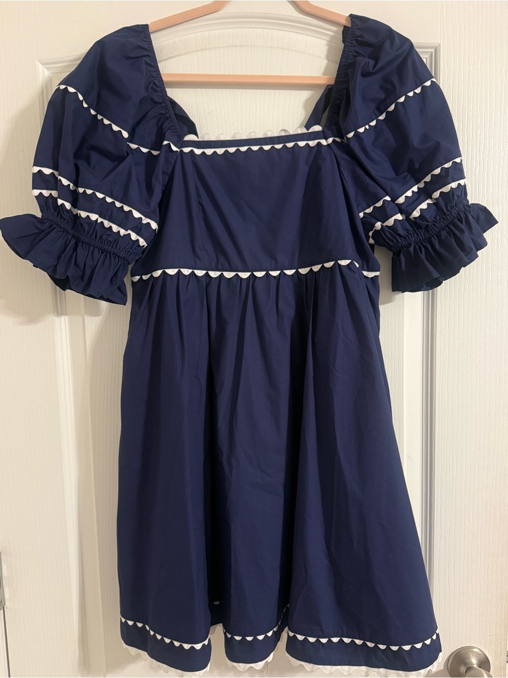 JODIFL Navy Blue Women’s Puff Sleeve Dress with White Trim